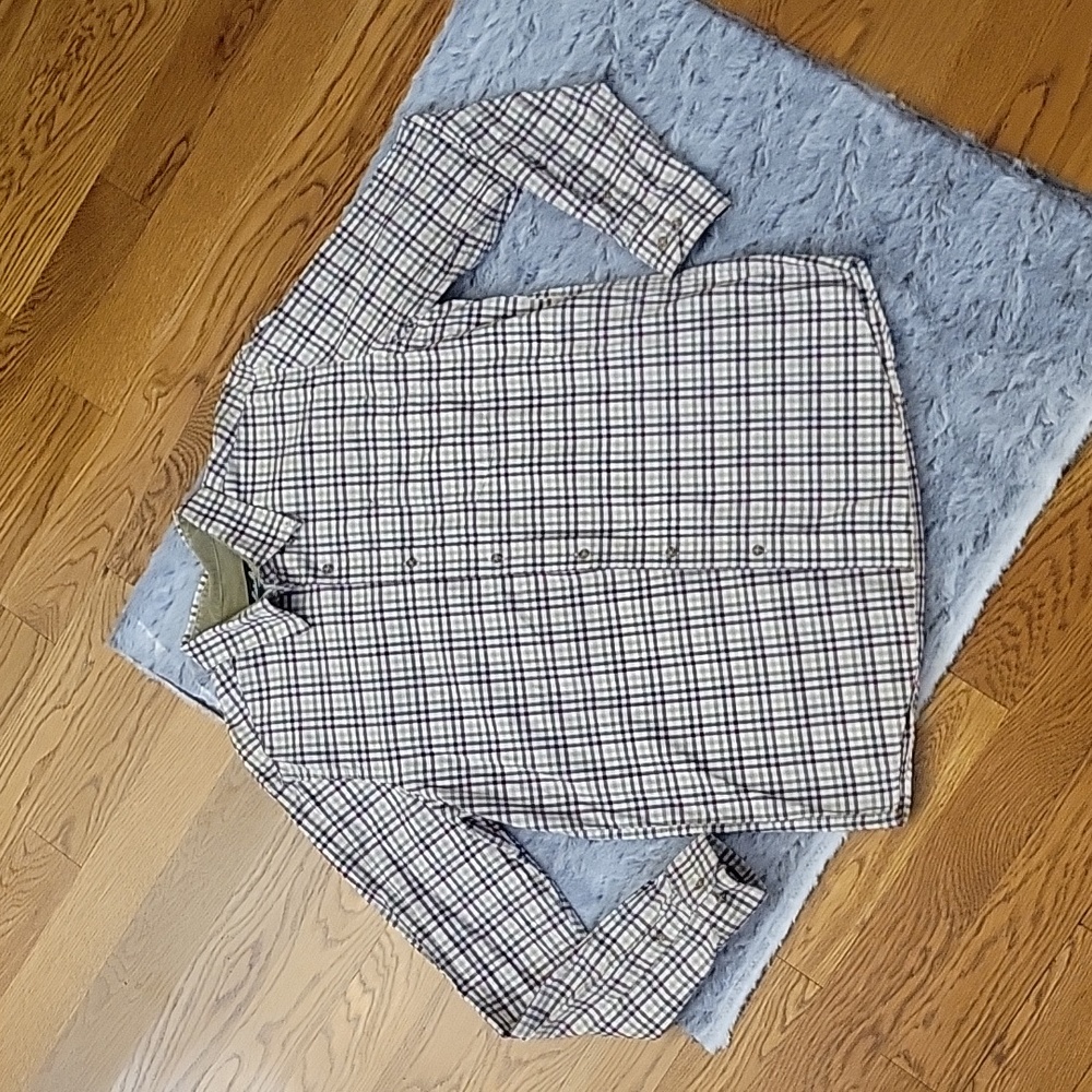 Eddie Bauer Tan/Red Plaid Button Down Shirt, Men's Large, Great Condition